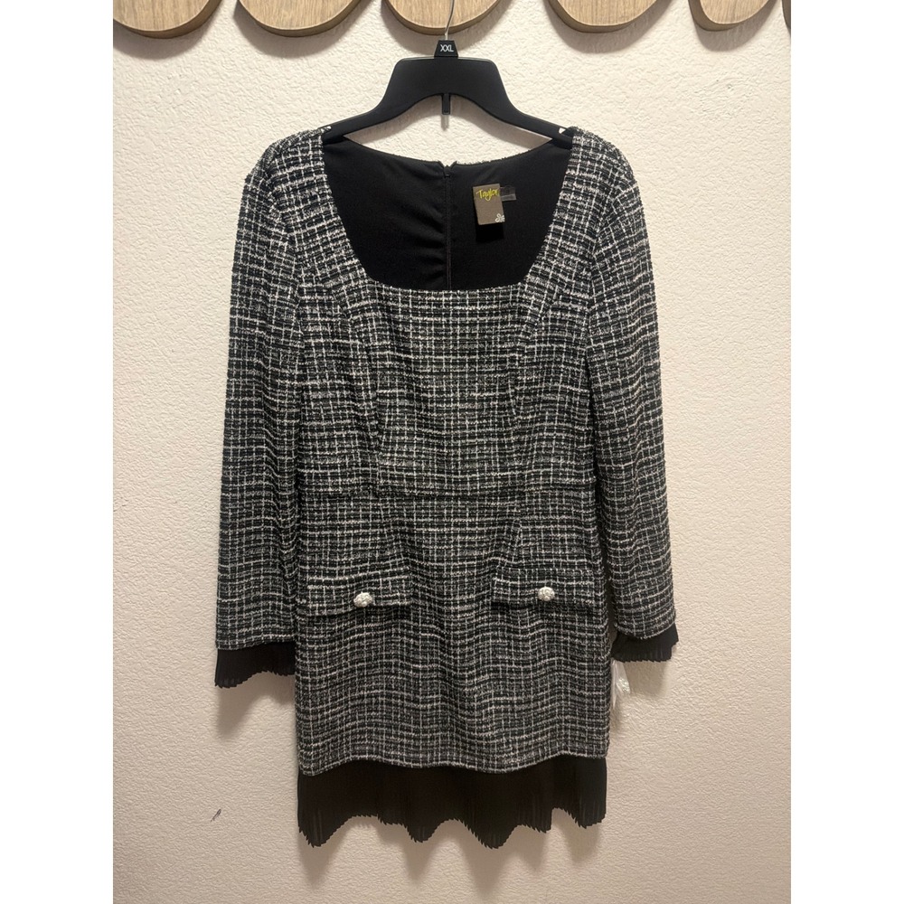 Taylor Women Black White Tweed Plaid Sheath Dress Pearl Button Pleated Trim 12